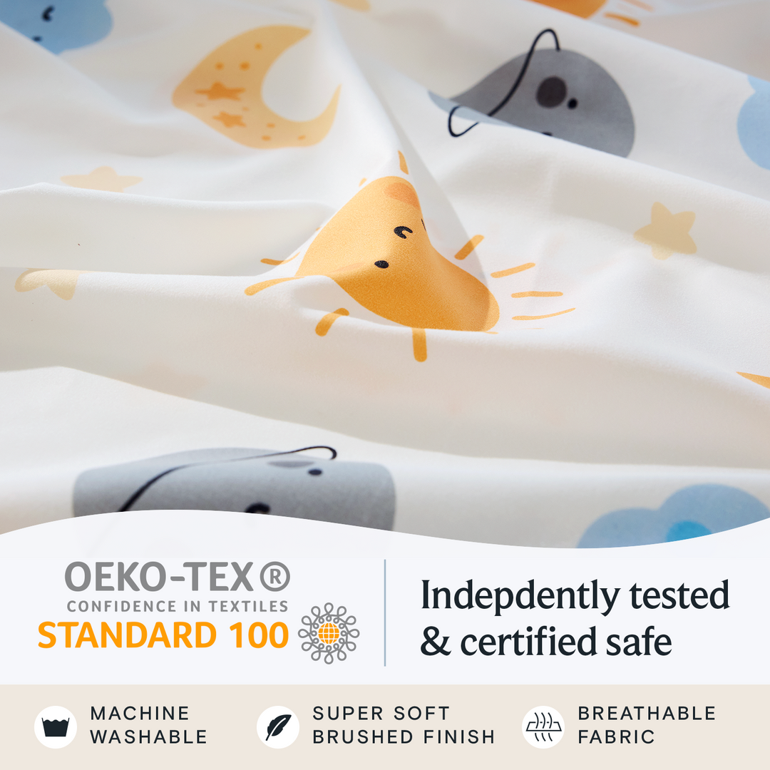 a close up of a blanket with text: 'OEKO-TEX Indepdently tested CONFIDENCE IN TEXTILES STANDARD 100 & certified safe MACHINE SUPER SOFT BREATHABLE WASHABLE BRUSHED FINISH FABRIC'