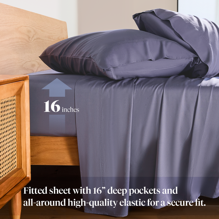 a bed with pillows and a cabinet with text: '16 inches Fitted sheet with 16" deep pockets and all-around high-quality elastic for a secure fit.'