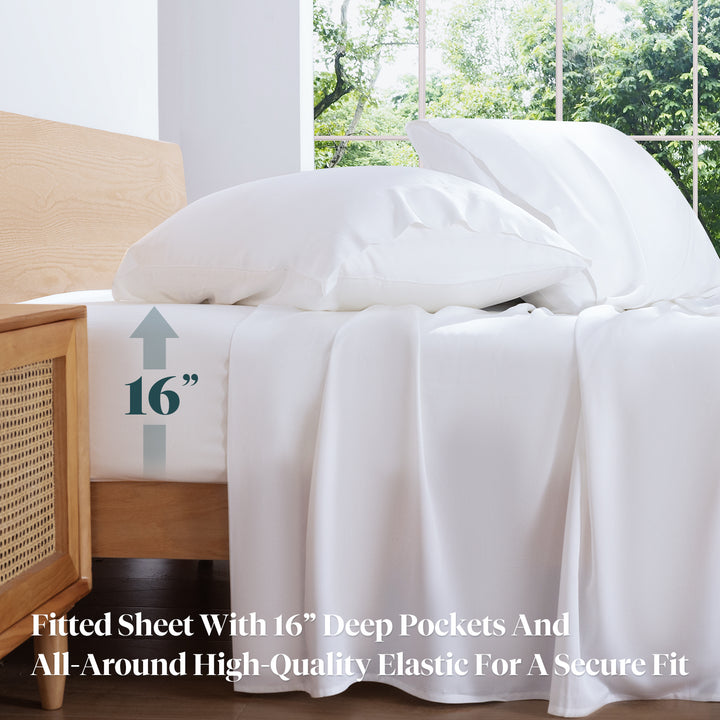 a bed with white sheets and pillows with text: '16" Fitted Sheet With 16" Deep Pockets And All-Around High-Quality Elastic For A Secure Fit'