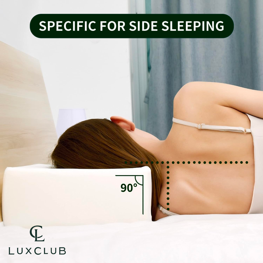 a person lying on a bed with a pillow with text: 'SPECIFIC FOR SIDE SLEEPING 90º LUXCLUB'