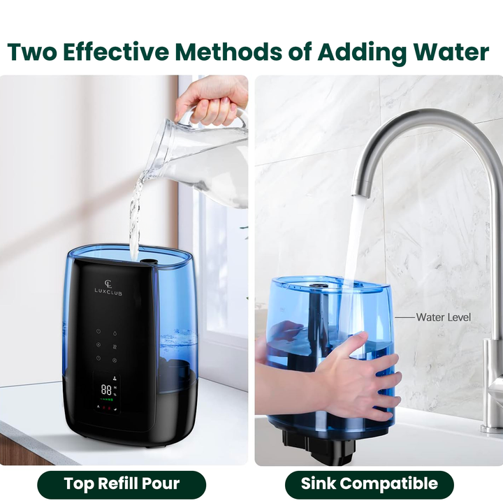 a collage of a water purifier with text: 'Two Effective Methods of Adding Water LUXCLUB -Water Level J Top Refill Pour Sink Compatible'
