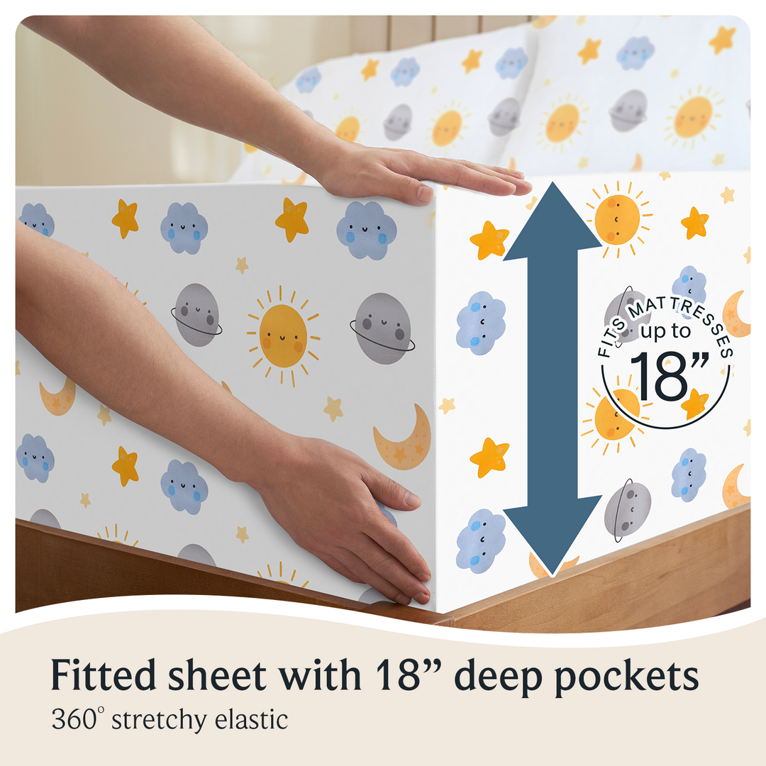 a person holding a box with a pattern with text: 'MATTRESSE up to - Fitted sheet with 18" deep pockets 360º stretchy elastic'