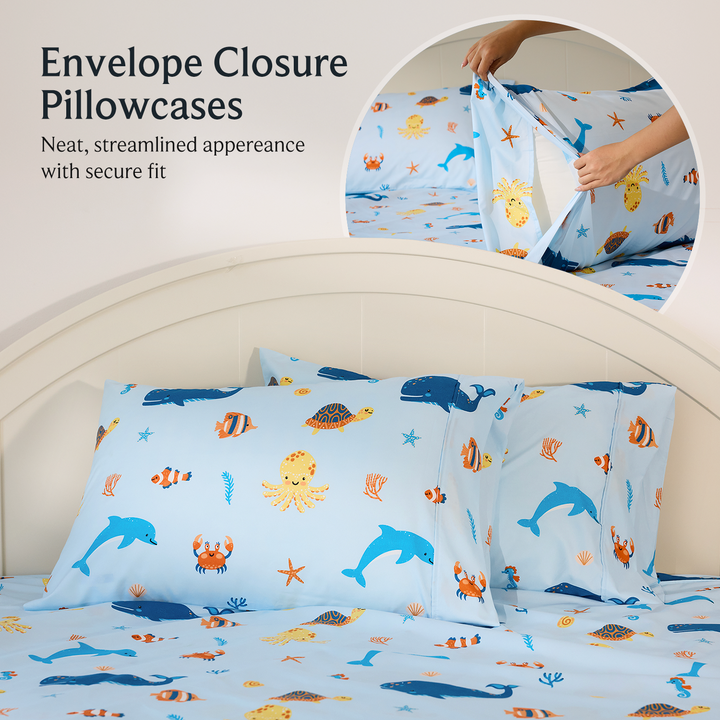 a bed with a pillowcase and a hand holding a pillow with text: 'Envelope Closure Pillowcases Neat, streamlined appereance with secure fit'