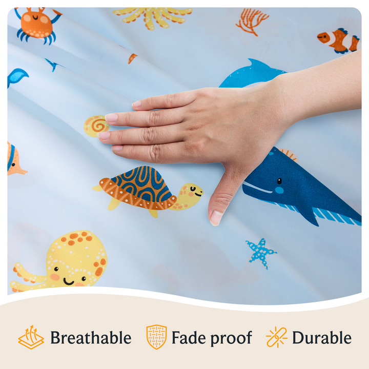 a hand on a bed sheet with text: 'Breathable Fade proof Durable'