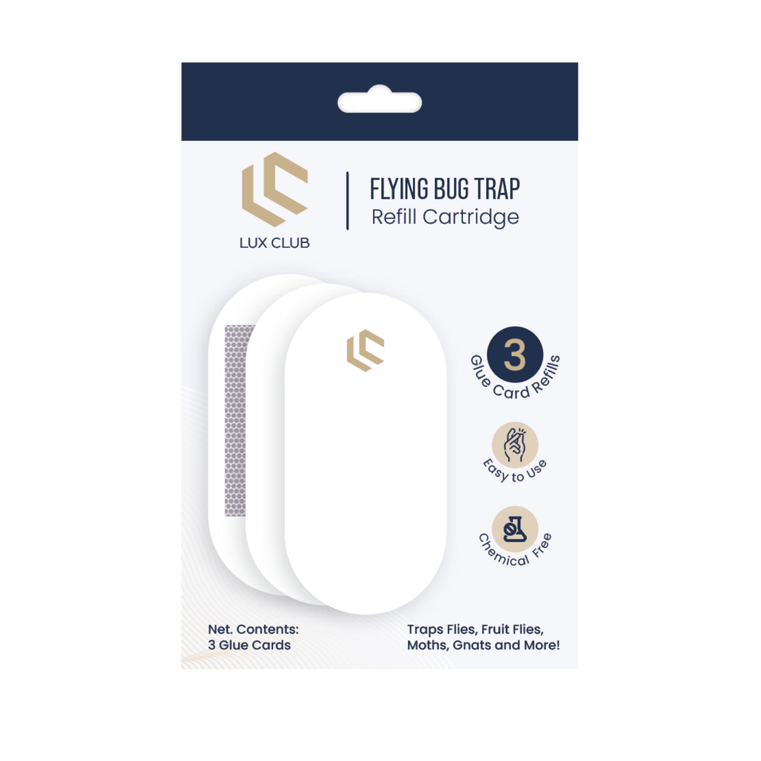 a white fly trap in a package with text: 'FLYING BUG TRAP Refill Cartridge LUX CLUB 3 Glue Refills Easy to Use Chemical Free Net. Contents: Traps Flies, Fruit Flies, 3 Glue Cards Moths, Gnats and More!'