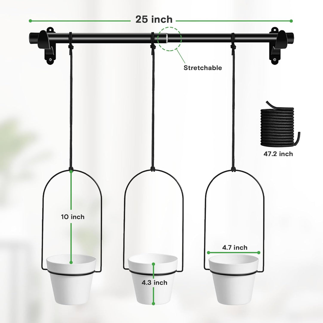 a black metal rod with white buckets from it with text: '25 inch . Stretchable 47.2 inch 10 inch 4.7 inch 4.3 inch'