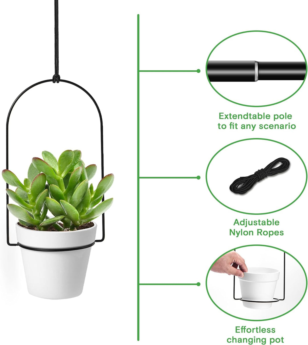 a plant in a pot with text: 'Extendtable pole to fit any scenario Adjustable Nylon Ropes Effortless changing pot'