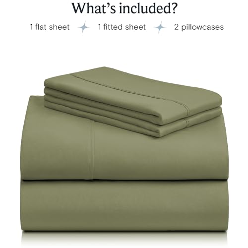 a stack of green sheets with text: 'What's included? 1 flat sheet 1 fitted sheet 2 pillowcases'