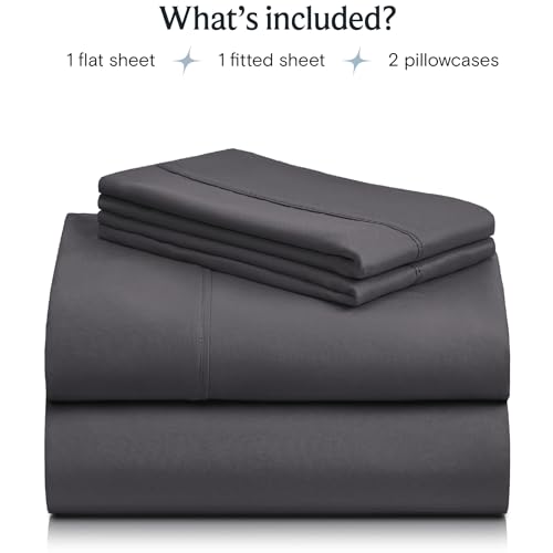 a stack of grey sheets with text: 'What's included? 1 flat sheet 1 fitted sheet 2 pillowcases'
