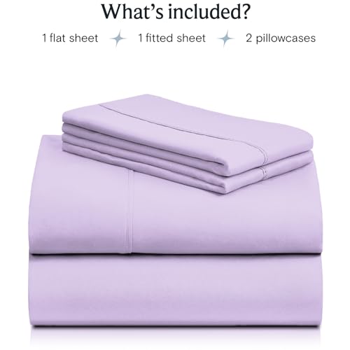 a stack of purple sheets with text: 'What's included? 1 flat sheet 1 fitted sheet 2 pillowcases'