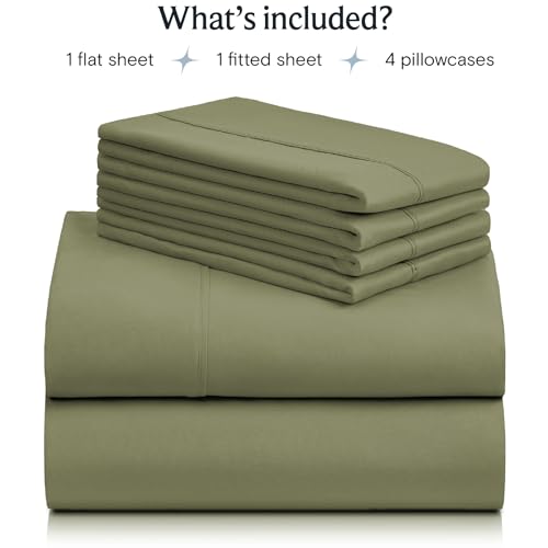 a stack of folded sheets with text: 'What's included? 1 flat sheet 1 fitted sheet 4 pillowcases'