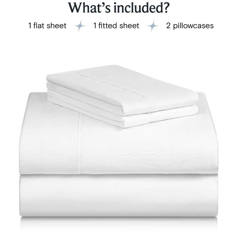 a stack of white sheets with text: 'What's included? 1 flat sheet 1 fitted sheet 2 pillowcases'