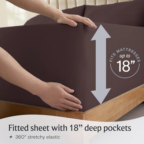 a person holding a mattress with text: '18' Fitted sheet with 18" deep pockets 360º stretchy elastic'