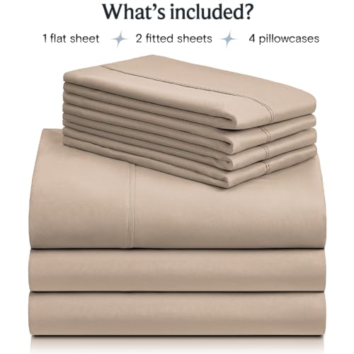 a stack of beige sheets with text: 'What's included? 1 flat sheet 2 fitted sheets 4 pillowcases'
