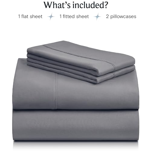 a stack of grey sheets with text: 'What's included? 1 flat sheet 1 fitted sheet 2 pillowcases'