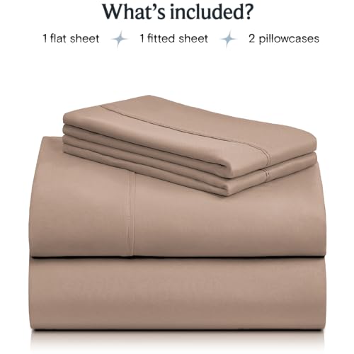 a stack of folded sheets with text: 'What's included? 1 flat sheet 1 fitted sheet 2 pillowcases'