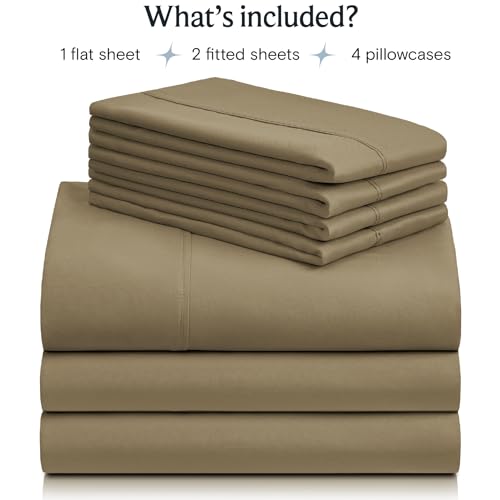 a stack of folded sheets with text: 'What's included? 1 flat sheet 2 fitted sheets 4 pillowcases'