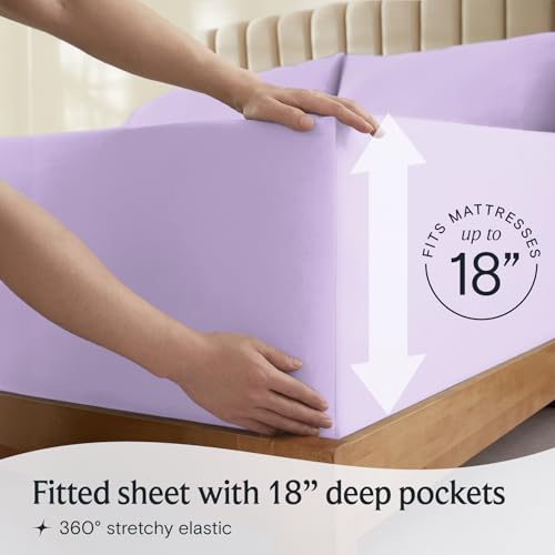 a person putting a purple sheet on a bed with text: 'TRESSES FITS 18' Fitted sheet with 18" deep pockets 360º stretchy elastic'