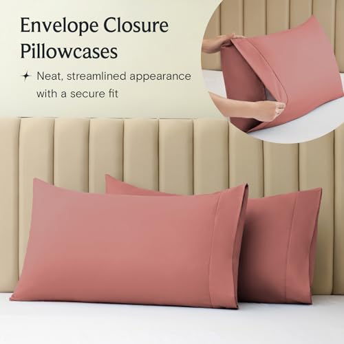 a close-up of a pillow case with text: 'Envelope Closure Pillowcases Neat, streamlined appearance with a secure fit'