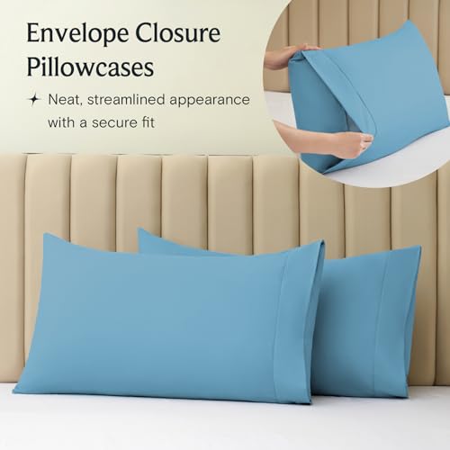 a close-up of a pillow case with text: 'Envelope Closure Pillowcases Neat, streamlined appearance with a secure fit'