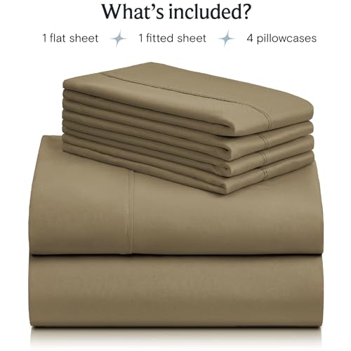 a stack of folded sheets with text: 'What's included? 1 flat sheet 1 fitted sheet 4 pillowcases'