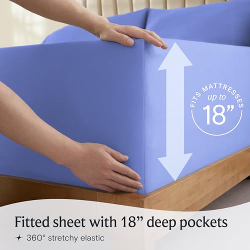 a person holding a mattress with text: 'RESSES FITS M 18' Fitted sheet with 18" deep pockets 360º stretchy elastic'