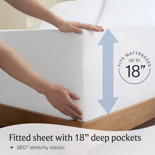 a person holding a mattress with text: 'RESSES FITS MA 18 Fitted sheet with 18" deep pockets 360º stretchy elastic'