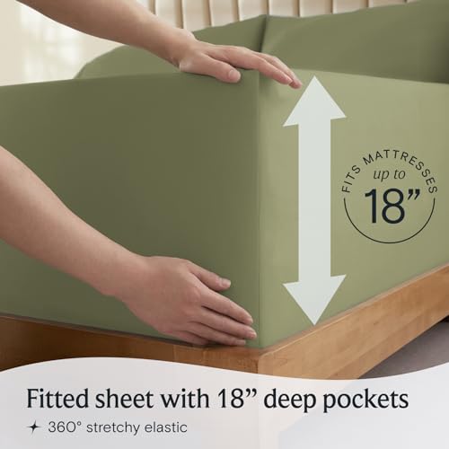 a person holding a mattress with text: 'MATTRESSES up to 18 Fitted sheet with 18" deep pockets 360º stretchy elastic'