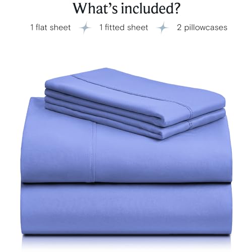 a stack of purple sheets with text: 'What's included? 1 flat sheet 1 fitted sheet 2 pillowcases'