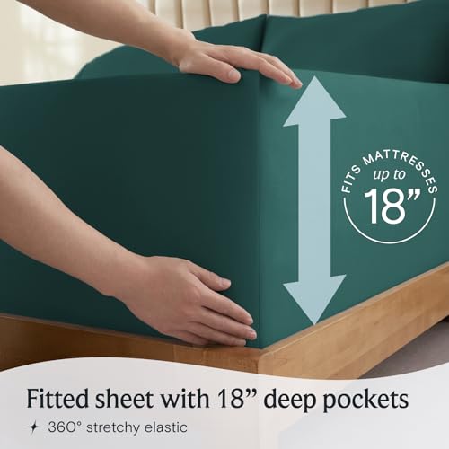a person holding a mattress with text: 'RESSES up to FITS 18 Fitted sheet with 18" deep pockets 360º stretchy elastic'
