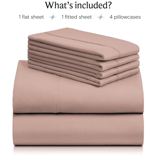 a stack of bed sheets with text: 'What's included? 1 flat sheet 1 fitted sheet 4 pillowcases'