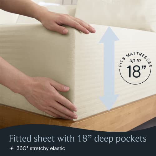 a person holding a mattress with text: 'RESSES FITS 18 Fitted sheet with 18" deep pockets 360º stretchy elastic'