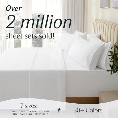 a bed with white sheets and a plant in front of it with text: 'Over 2 million sheet sets sold! 7 sizes: 30+ Colors TWIN . TWIN XL FULL QUEEN KING . CALI KING . SPLIT KING'