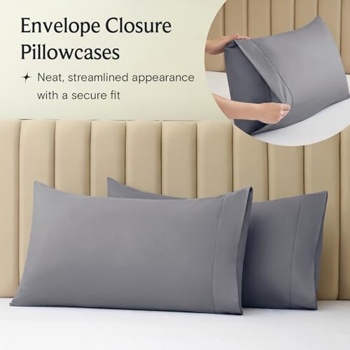 a close-up of a pillow case with text: 'Envelope Closure Pillowcases Neat, streamlined appearance with a secure fit'