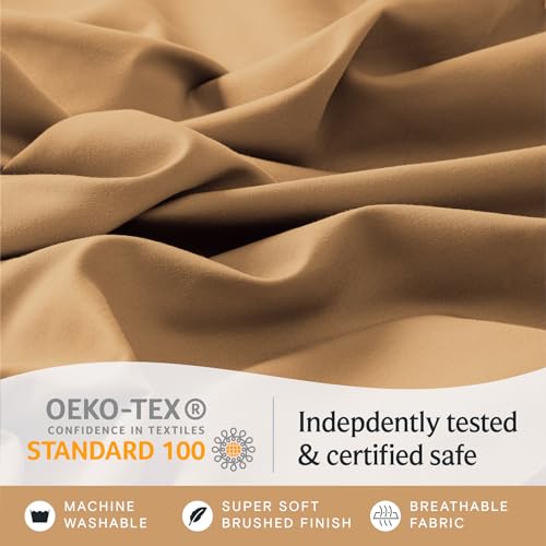 a close up of a fabric with text: 'OEKO-TEX Indepdently tested CONFIDENCE IN TEXTILES STANDARD 100 & certified safe MACHINE SUPER SOFT BREATHABLE WASHABLE BRUSHED FINISH FABRIC'