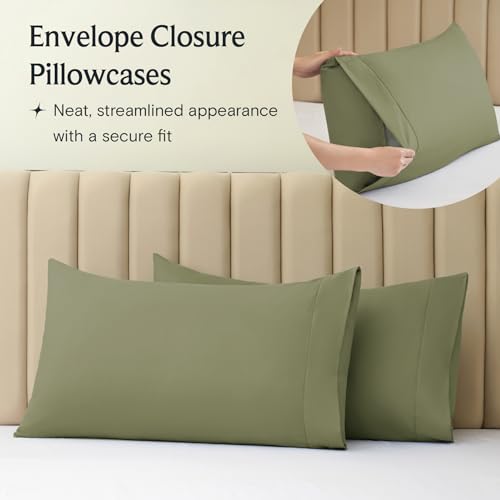 a close-up of a pillow case with text: 'Envelope Closure Pillowcases Neat, streamlined appearance with a secure fit'