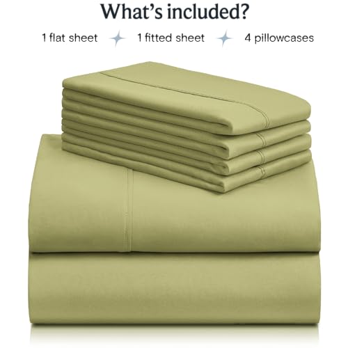 a stack of green sheets with text: 'What's included? 1 flat sheet 1 fitted sheet 4 pillowcases'