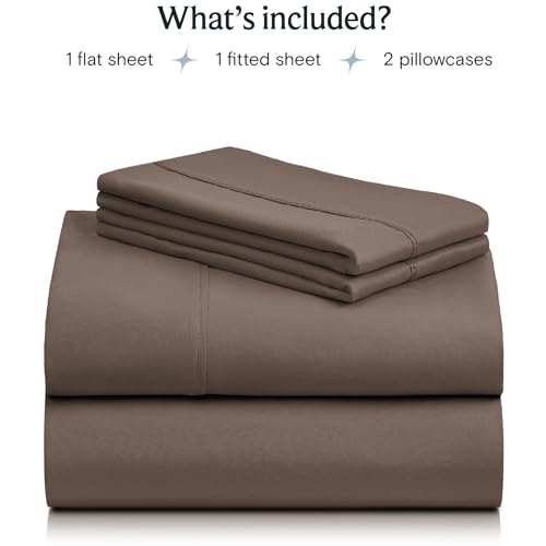 a stack of brown sheets with text: 'What's included? 1 flat sheet 1 fitted sheet 2 pillowcases'