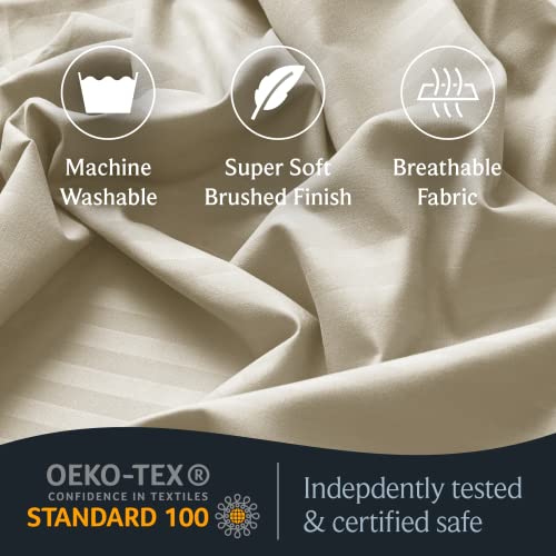 a close-up of a fabric with text: 'Machine Super Soft Breathable Washable Brushed Finish Fabric OEKO-TEX Indepdently tested CONFIDENCE IN TEXTILES STANDARD 100 & certified safe'