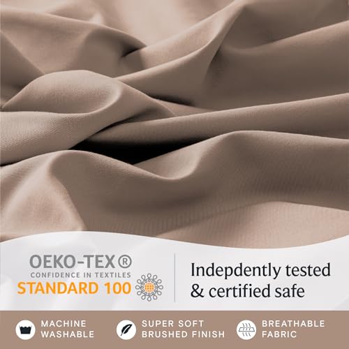 a close up of a fabric with text: 'OEKO-TEX CONFIDENCE IN TEXTILES Indepdently tested STANDARD 100 & certified safe MACHINE SUPER SOFT BREATHABLE WASHABLE BRUSHED FINISH FABRIC'
