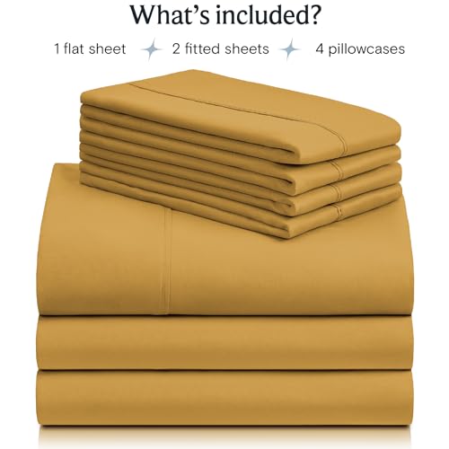a stack of bed sheets with text: 'What's included? 1 flat sheet 2 fitted sheets 4 pillowcases'
