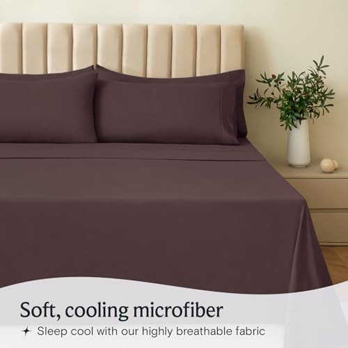 a bed with a brown sheet and pillows with text: 'Soft, cooling microfiber Sleep cool with our highly breathable fabric'