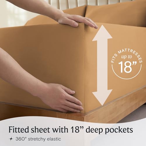 a person holding a box with text: 'RESSES FITS Fitted sheet with 18" deep pockets 360º stretchy elastic'