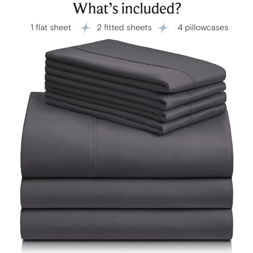 a stack of grey sheets with text: 'What's included? 1 flat sheet 2 fitted sheets 4 pillowcases'