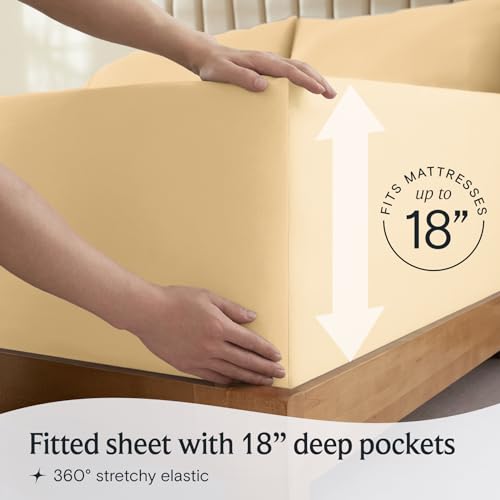 a person holding a mattress with text: 'RESSES FITS MA 18 Fitted sheet with 18" deep pockets 360º stretchy elastic'