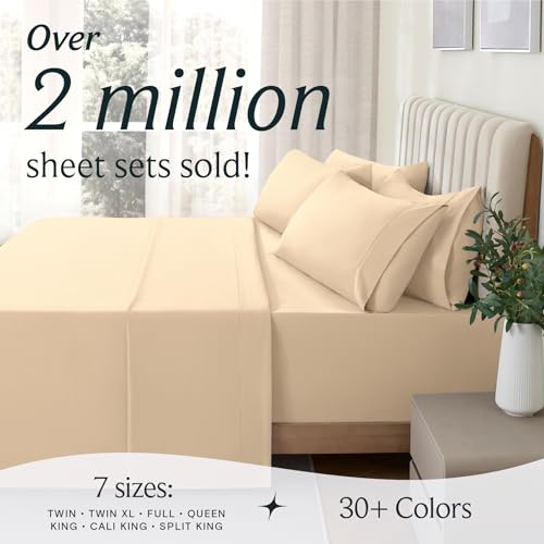 a bed with a plant in a vase with text: 'Over 2 million sheet sets sold! 7 sizes: 30+ Colors TWIN TWIN XL FULL QUEEN KING . CALI KING . SPLIT KING'