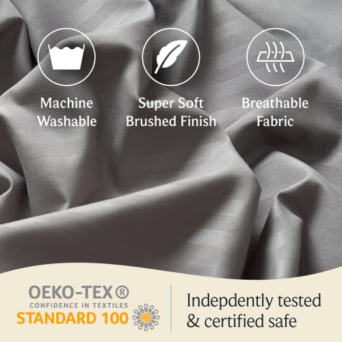 a close-up of a fabric with text: 'Machine Super Soft Breathable Washable Brushed Finish Fabric OEKO-TEX Indepdently tested CONFIDENCE IN TEXTILES STANDARD 100 & certified safe'