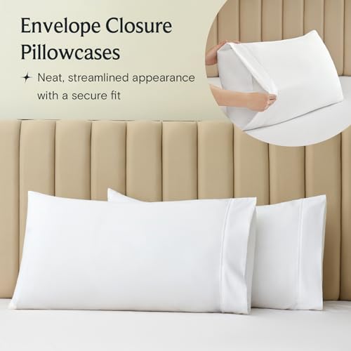 a close-up of a pillow case with text: 'Envelope Closure Pillowcases Neat, streamlined appearance with a secure fit'