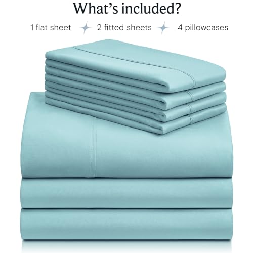 a stack of blue sheets with text: 'What's included? 1 flat sheet 2 fitted sheets 4 pillowcases'