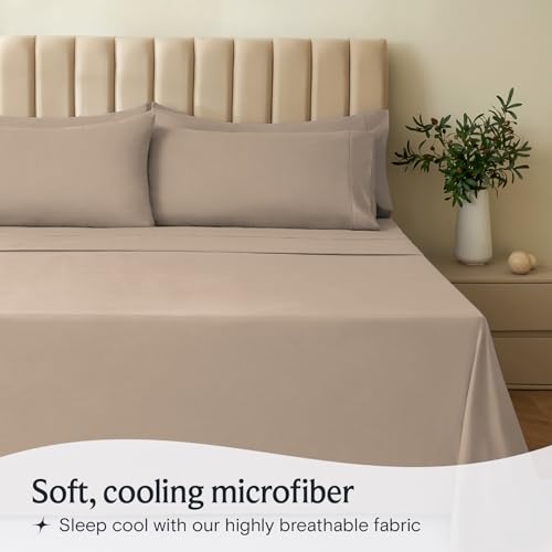 a bed with a plant in a vase with text: 'Soft, cooling microfiber Sleep cool with our highly breathable fabric'